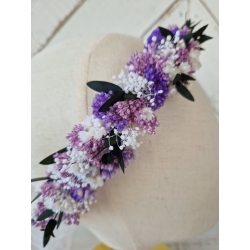 Wianek komunijny na głowę ze stabilizowanych kwiatów Biel i Lawenda